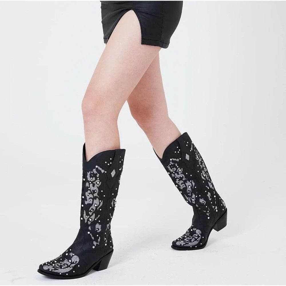 Rhinestone Crystal Women's Cowboy Boots- Mid Calf To Knee High Size 7.5